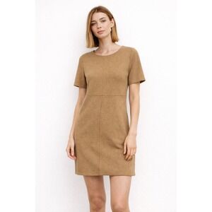 Zara Knit Mini Dress Camel Tan Short Sleeve Seam Detail Small Minimalist